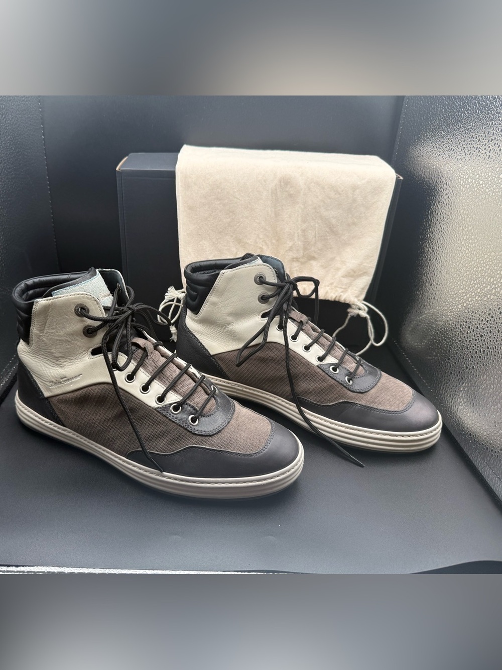 Salvatore Ferragamo High Top Sneakers Leather Canvas Men's 9 D TZ 21527 Bundle